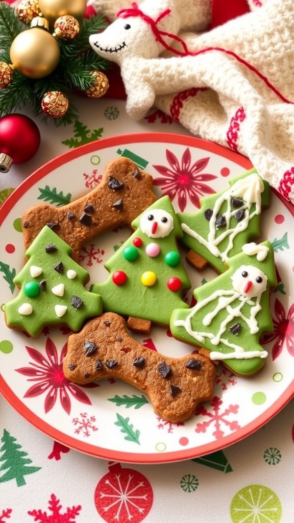 Christmas Dog Treats Recipe Homemade Christmas dog treats shaped like bones and trees, decorated with carob chips on a festive plate.